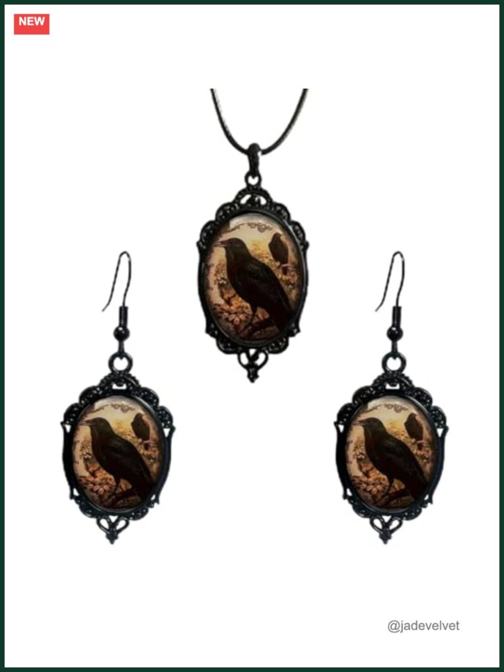 Gothic Raven Cameo Necklace Earrings Set Halloween Jewelry Women